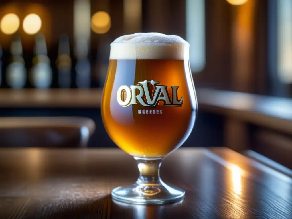 Imagen detallada de una cerveza Orval en una mesa de madera