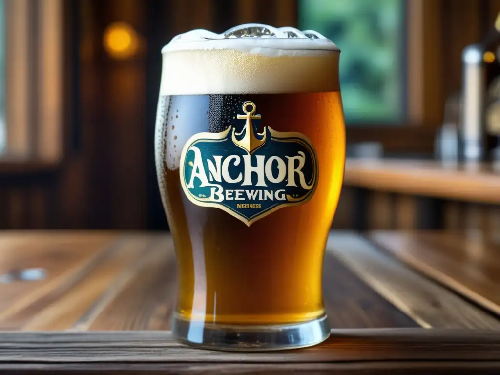 Cerveza Anchor Brewing en mesa de madera, detalles dorados y burbujas