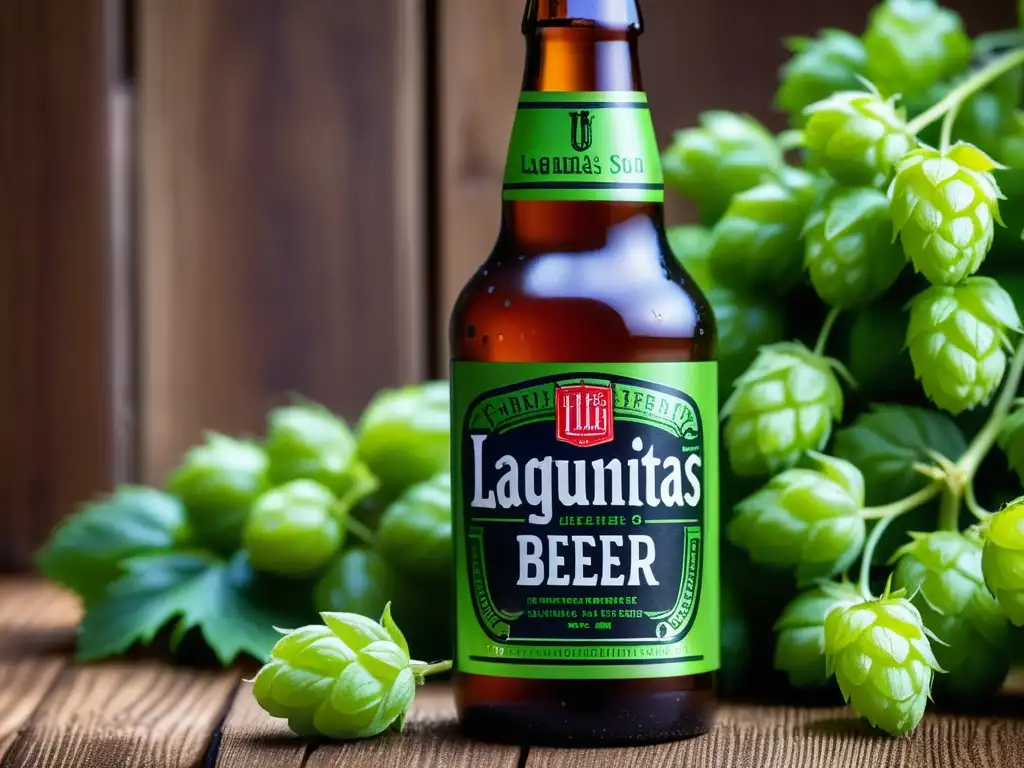 Detallada imagen de una botella de cerveza Lagunitas en una mesa de madera, rodeada de brillantes lúpulos verdes