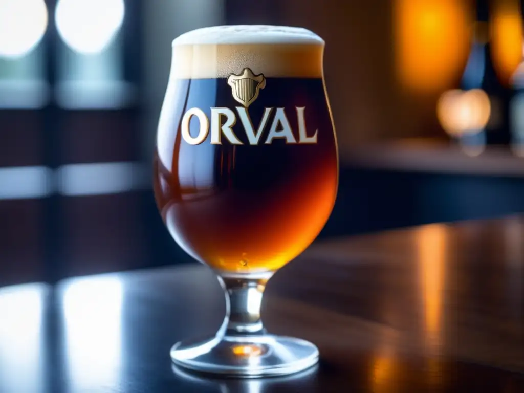 Detalle de una cerveza Orval Trappist Ale: color ámbar, espuma cremosa, elegante cristal y condensación