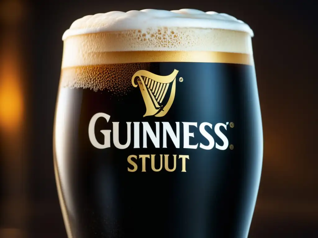 Imagen detallada de Guinness Stout con textura rica y espuma cremosa (110 caracteres)