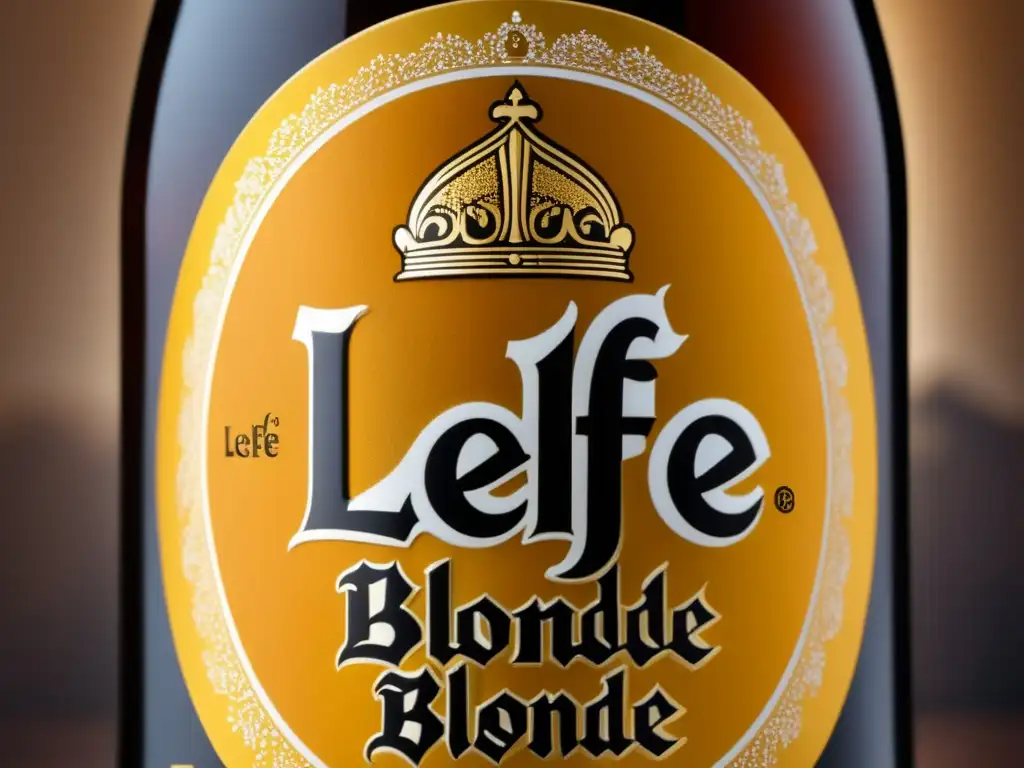 Botella de cerveza Leffe Blonde, con detalles de la etiqueta y gotas de condensación en el cristal