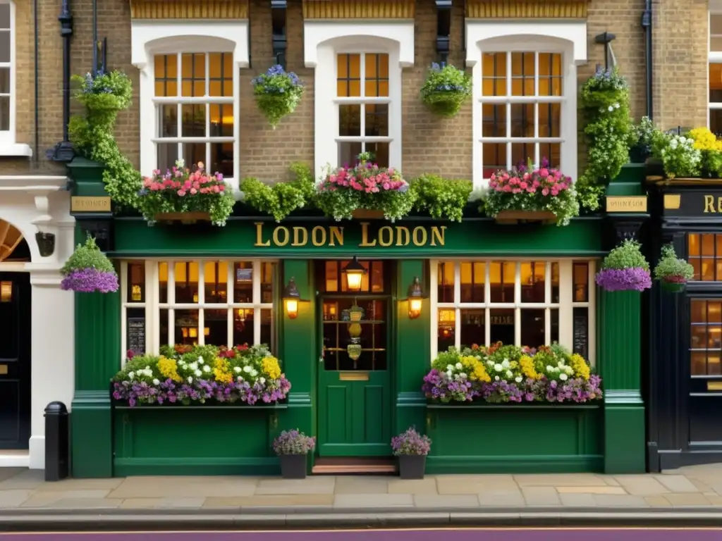 Imagen detallada de un pub tradicional en Londres, con arquitectura hermosa y vibrantes cestas de flores