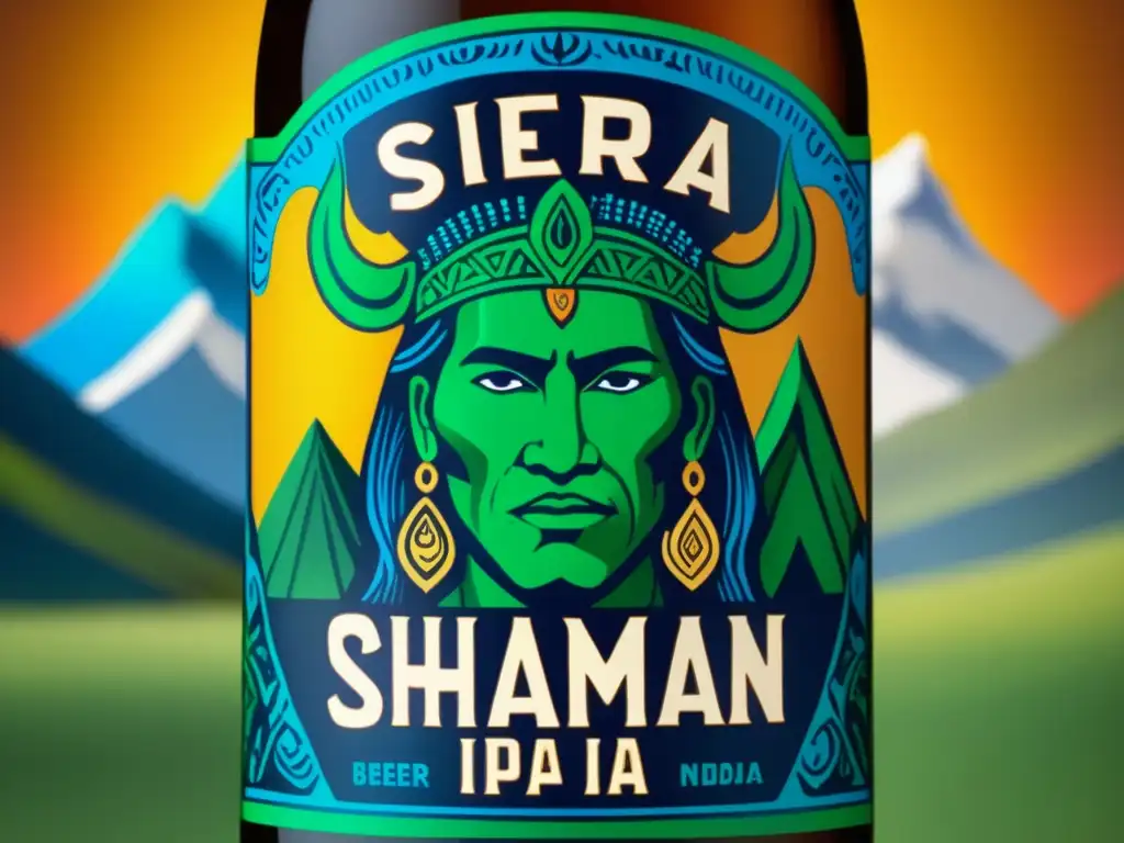 Detalle de botella de cerveza Sierra Andina Shaman IPA, con colores vibrantes y símbolos andinos