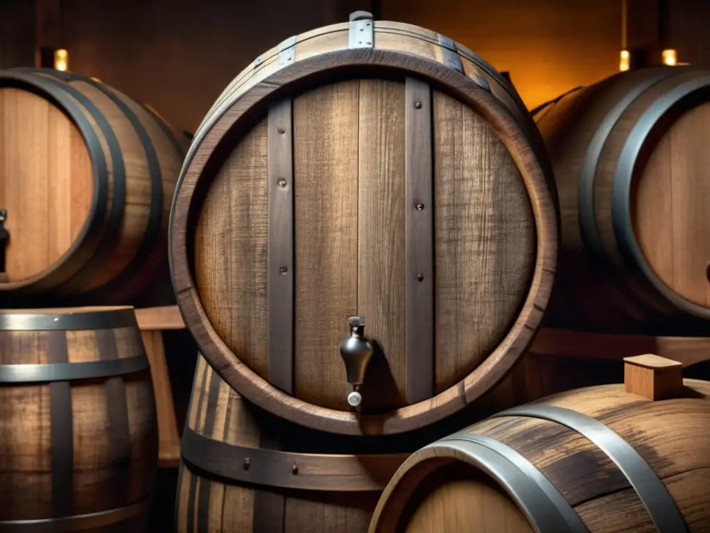 Barril de vino de madera con patrón de grano detallado y textura envejecida en bodega, rodeado de barriles envejecidos