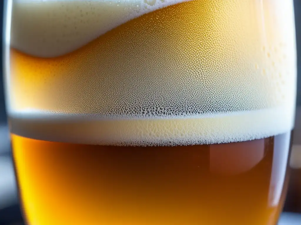 Una cerveza artesanal dorada con espuma cremosa y detalles delicados en un vaso de vidrio, en un fondo rústico de madera