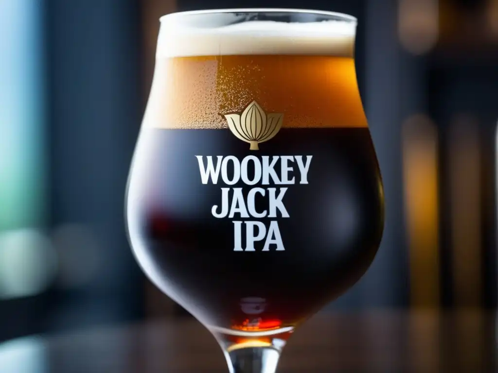 Cerveza Wookey Jack Black IPA en vaso tulipa, color oscuro y burbujas carbonatadas