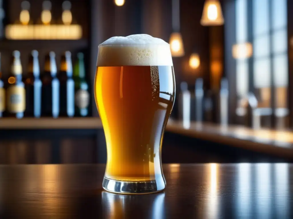 Detalle de vaso artesanal con cerveza dorada y espuma blanca en bar de madera, burbujas carbonatadas