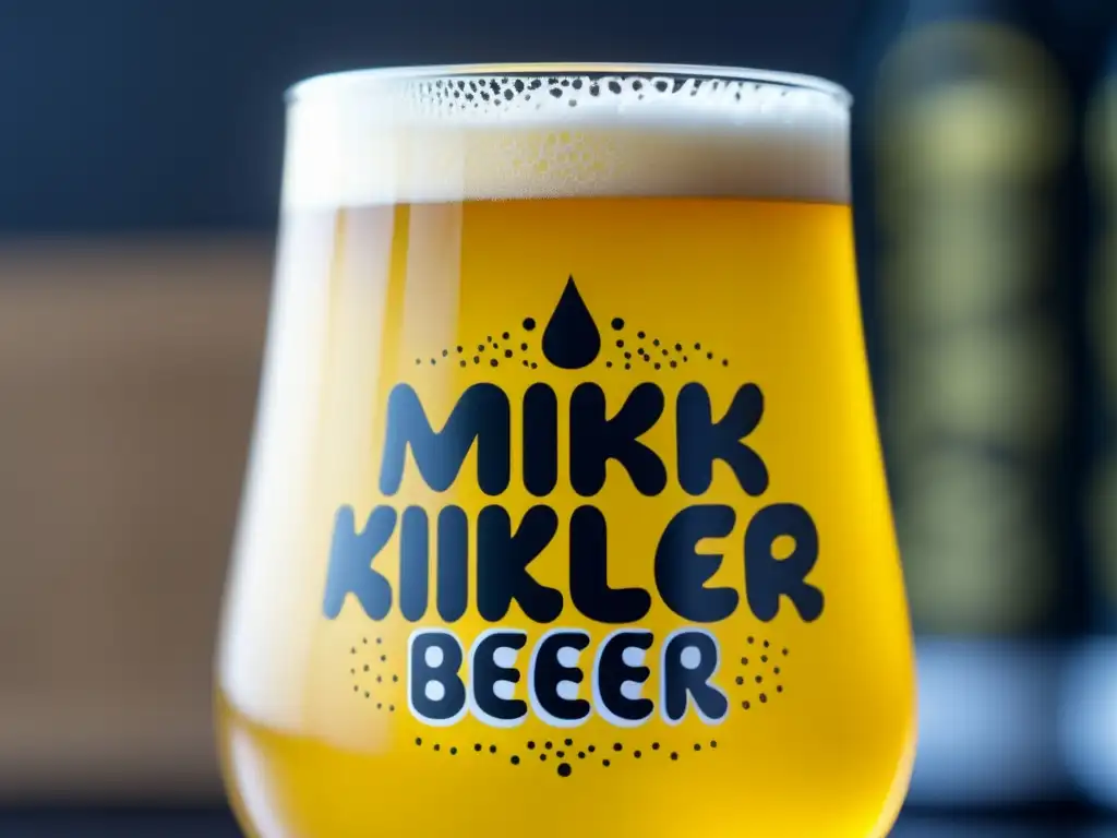 Cerveza Mikkeller: Vaso con cerveza dorada y etiqueta nítida