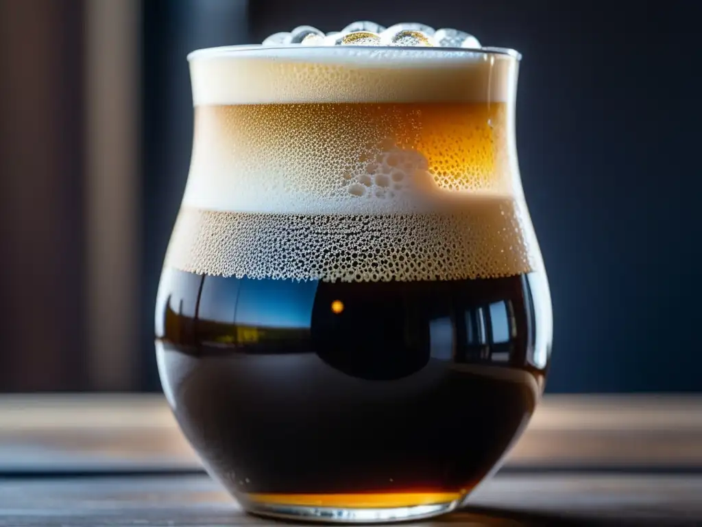 Cerveza Porter con espuma cremosa y detalle de burbujas