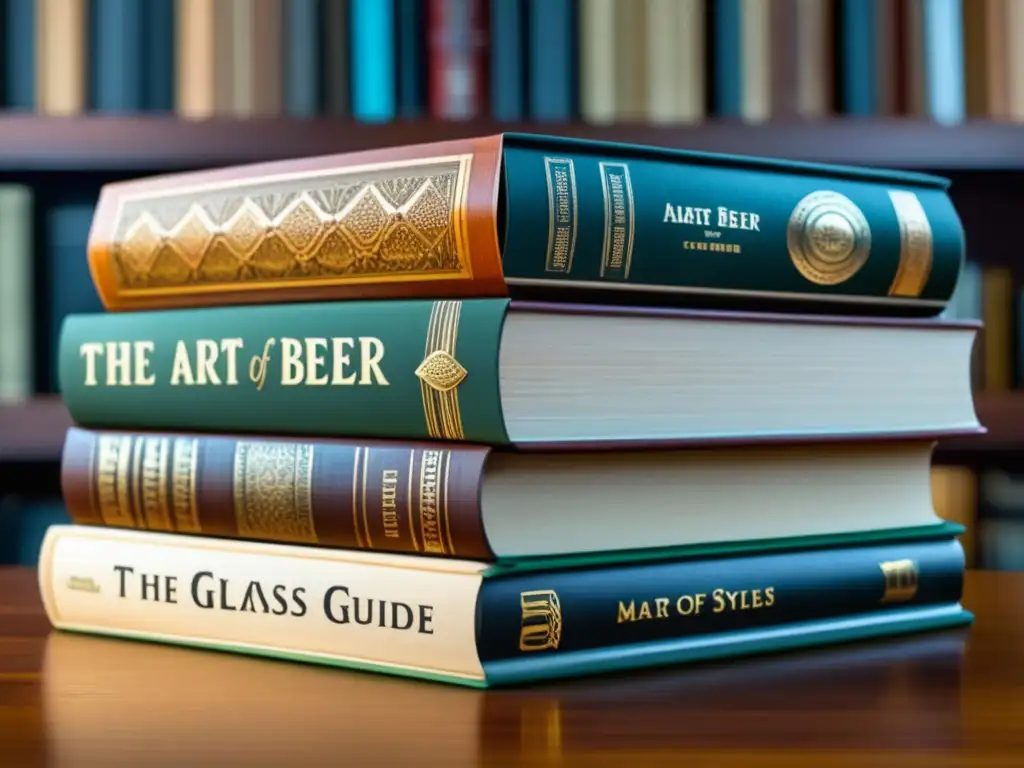 Recursos de Estudio: Pila de libros de cerveza artesanal con detalles y diseño de portadas intrincadas