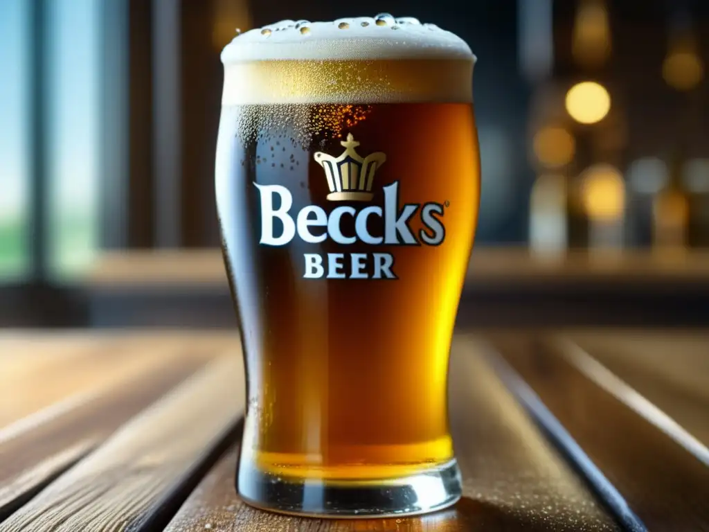 Detalle dorado de cerveza Becks en vaso de vidrio