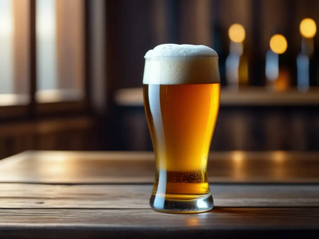 Cerveza dorada con espuma cremosa en una mesa de madera - Innovación en Sabores