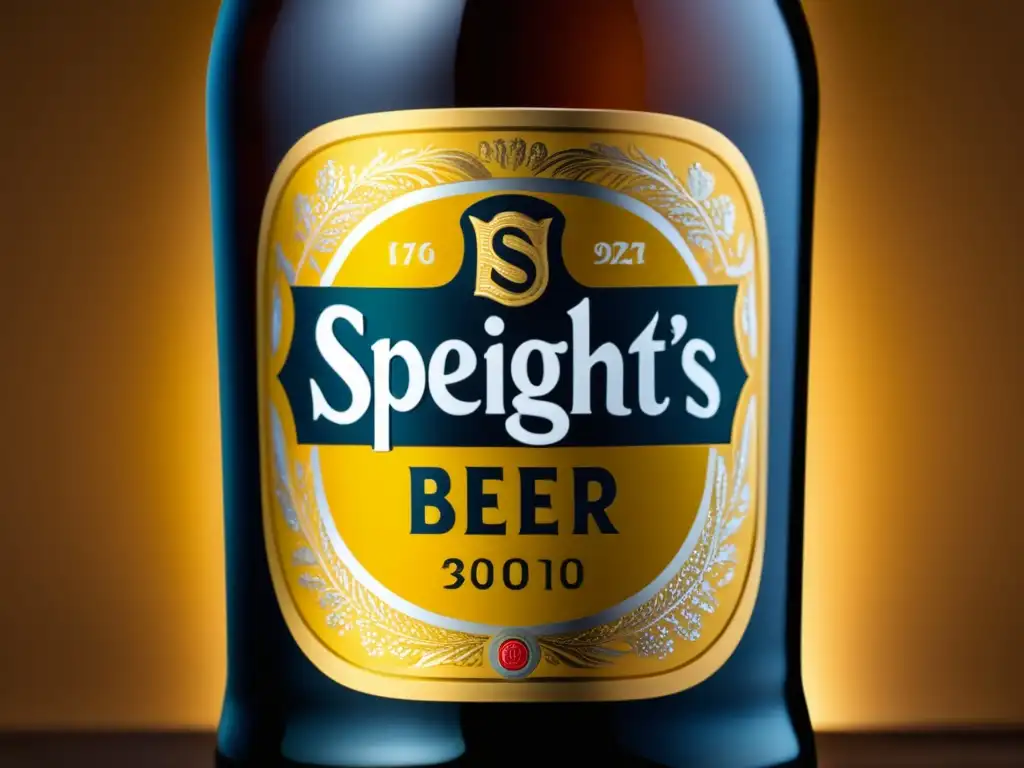 Speight's beer bottle: Detalles de la botella de cerveza Speight's, con el logo icónico destacado en la etiqueta