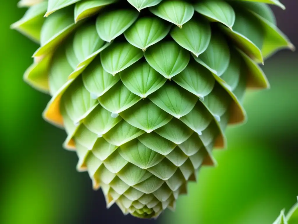 Innovaciones en ingredientes: Detalle de un lúpulo verde vibrante, resaltando su estructura y textura delicada