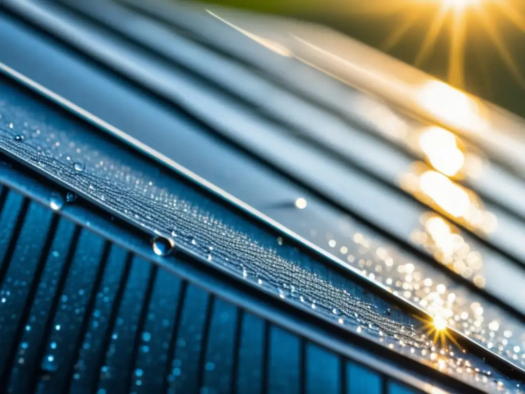 Panel solar con gotas de rocío, energía renovable