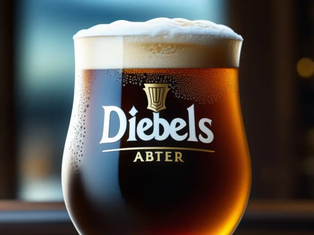 Detalle de una cerveza Altbier Diebels, con burbujas y condensación