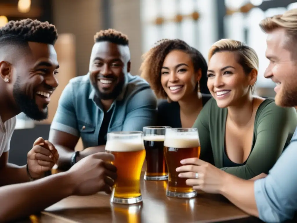 Grupo diverso discutiendo estrategias de marketing en una cervecería