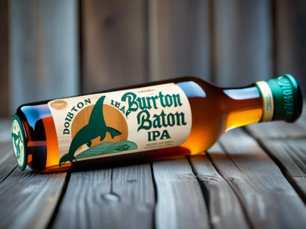 Botella artesanal de Dogfish Head's Burton Baton English IPA, en superficie de madera rústica