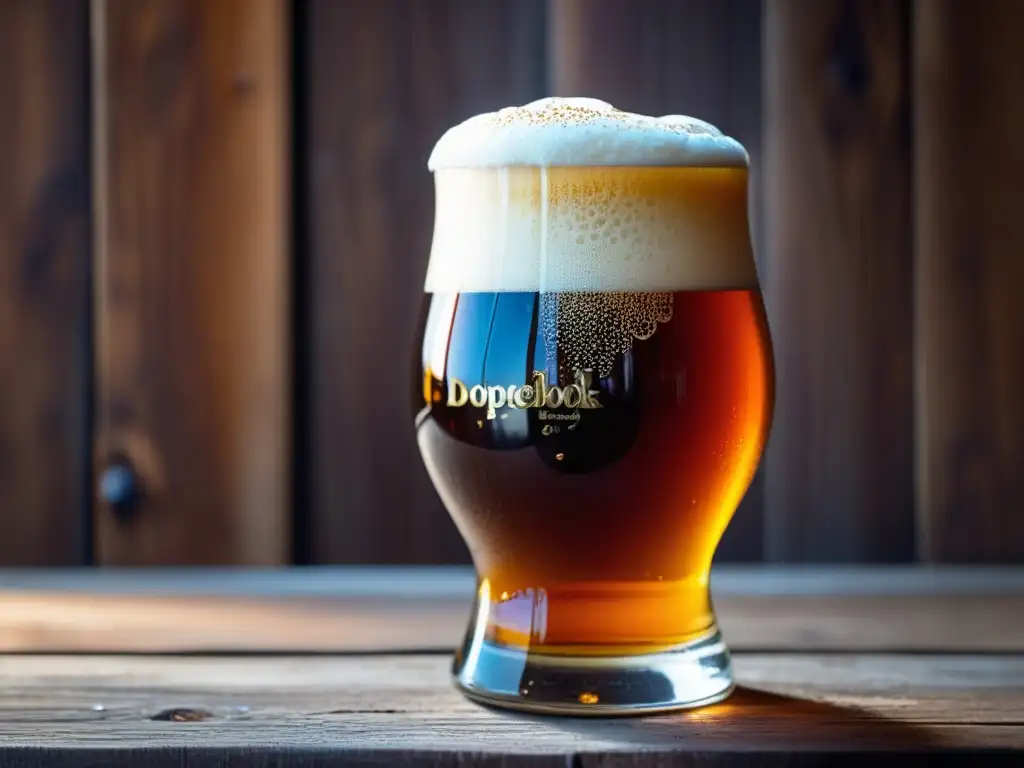 Cerveza Doppelbock dorada en vaso, con espuma cremosa y ambiente acogedor