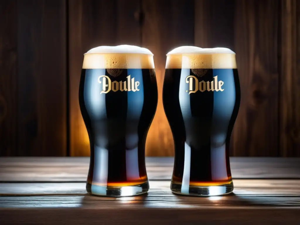 Dos vasos llenos de cerveza Double Stout, de aspecto oscuro con espuma cremosa y elegantes burbujas en un ambiente sofisticado