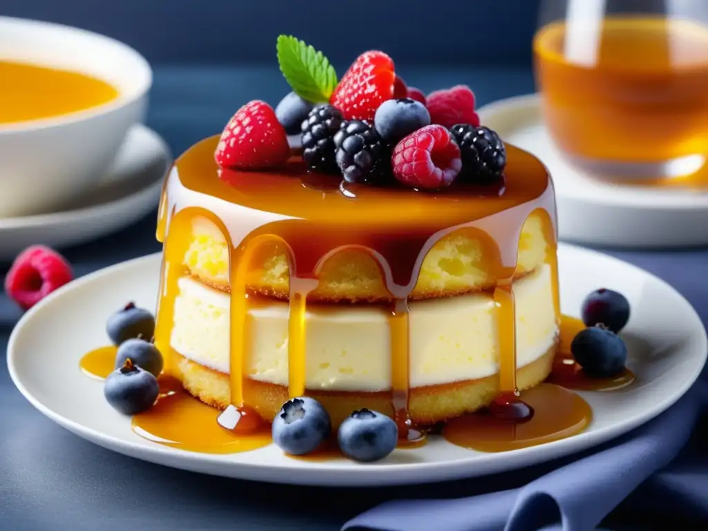 Delicioso postre de miel con textura y brillo, rodeado de frutas frescas