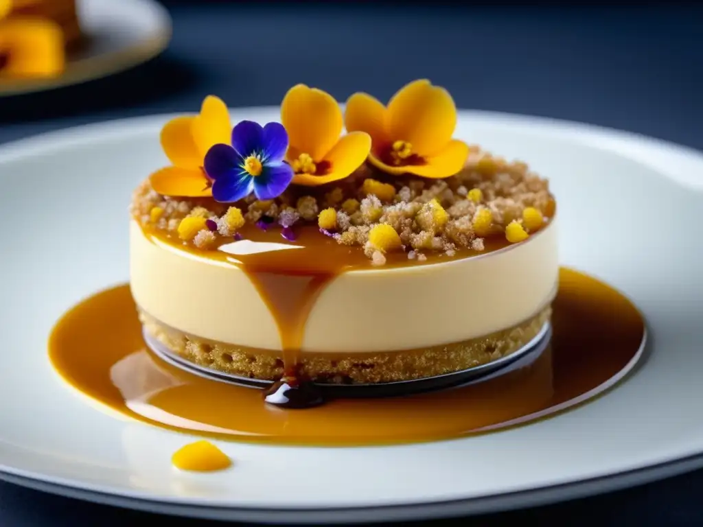 Delicioso postre de miel con capas de mousse cremoso, salsa de caramelo y flores comestibles