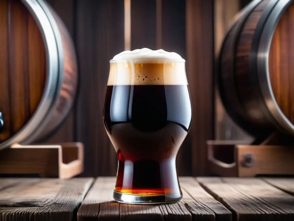 Cerveza Dunkel perfectamente vertida en un vaso de vidrio con espuma cremosa y detalles de barriles de madera