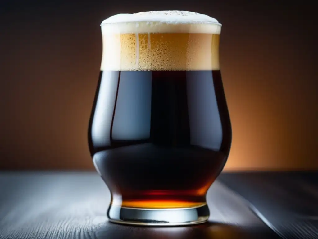 Una cerveza Dunkel perfectamente servida en un vaso transparente, resaltando su color marrón oscuro y su espuma cremosa