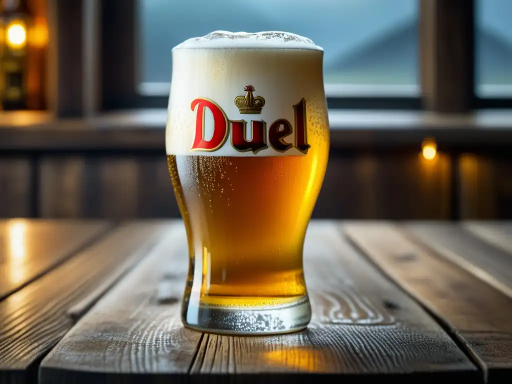 Imagen detallada de una copa de Duvel, cerveza belga Strong Pale Ale, con condensación y burbujas, sobre mesa de madera rústica -