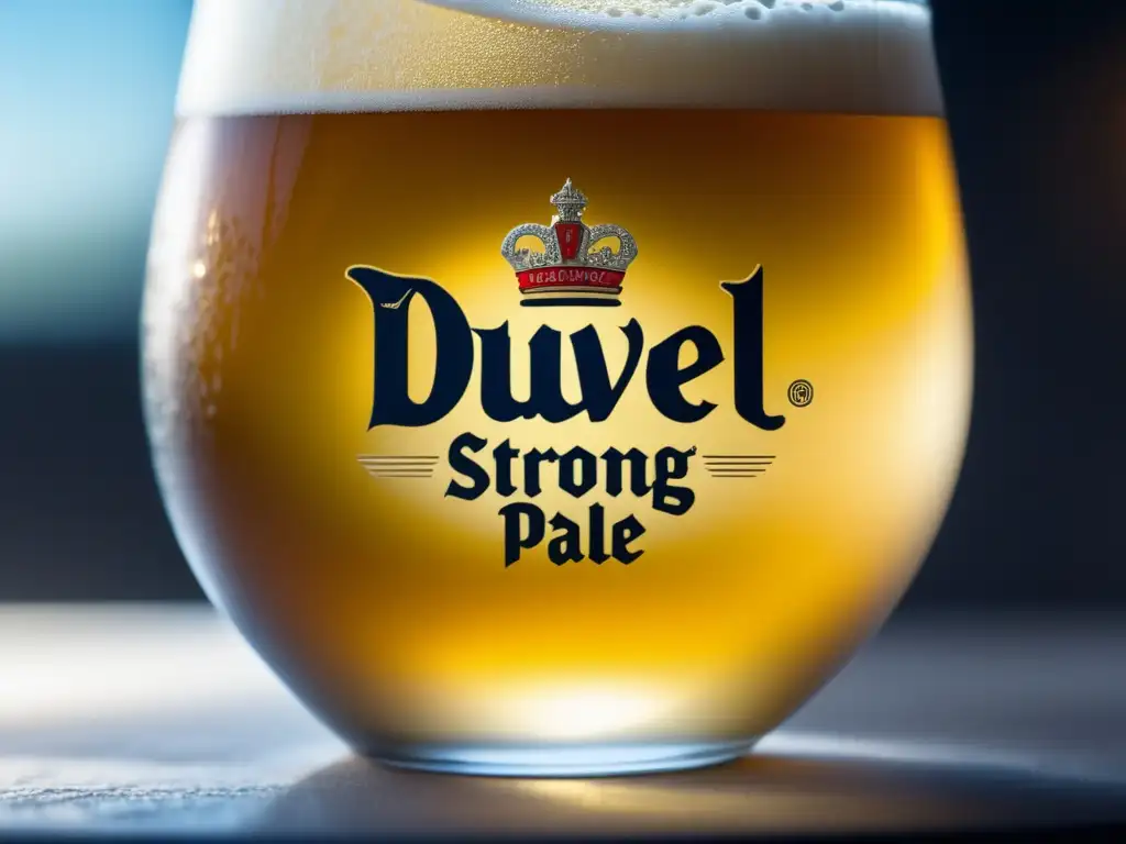 Cerveza Duvel Strong Pale Ale con condensación y detalles elegantes