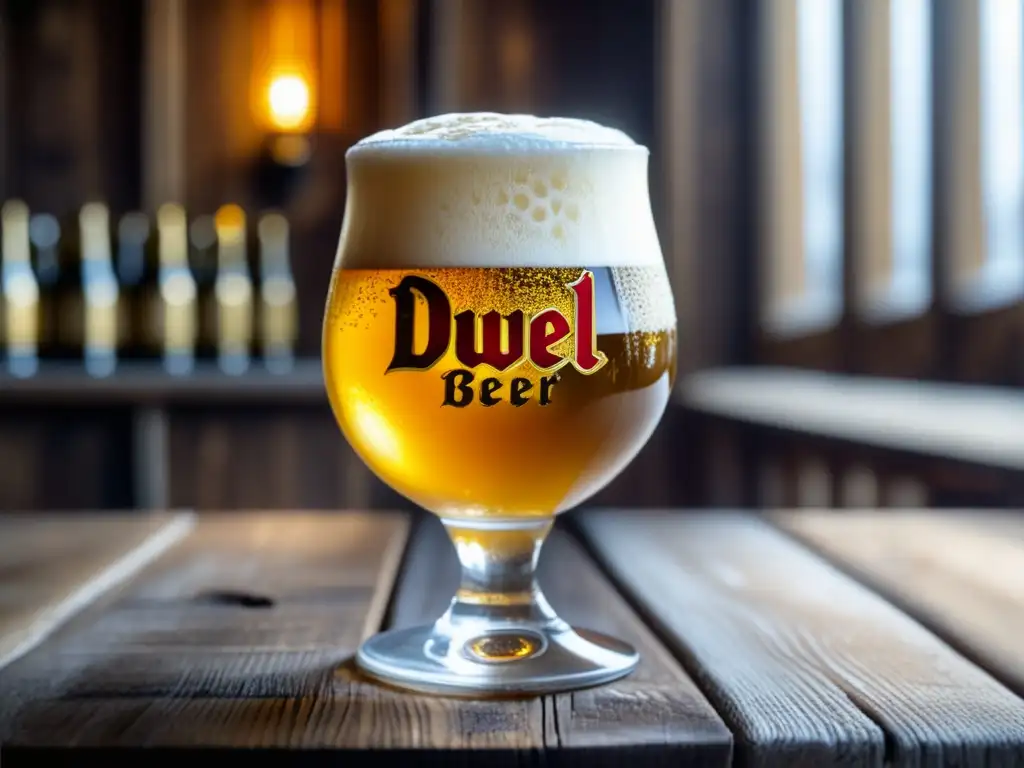 Cerveza Duvel Strong Pale Ale en vaso de vidrio, color dorado con espuma blanca