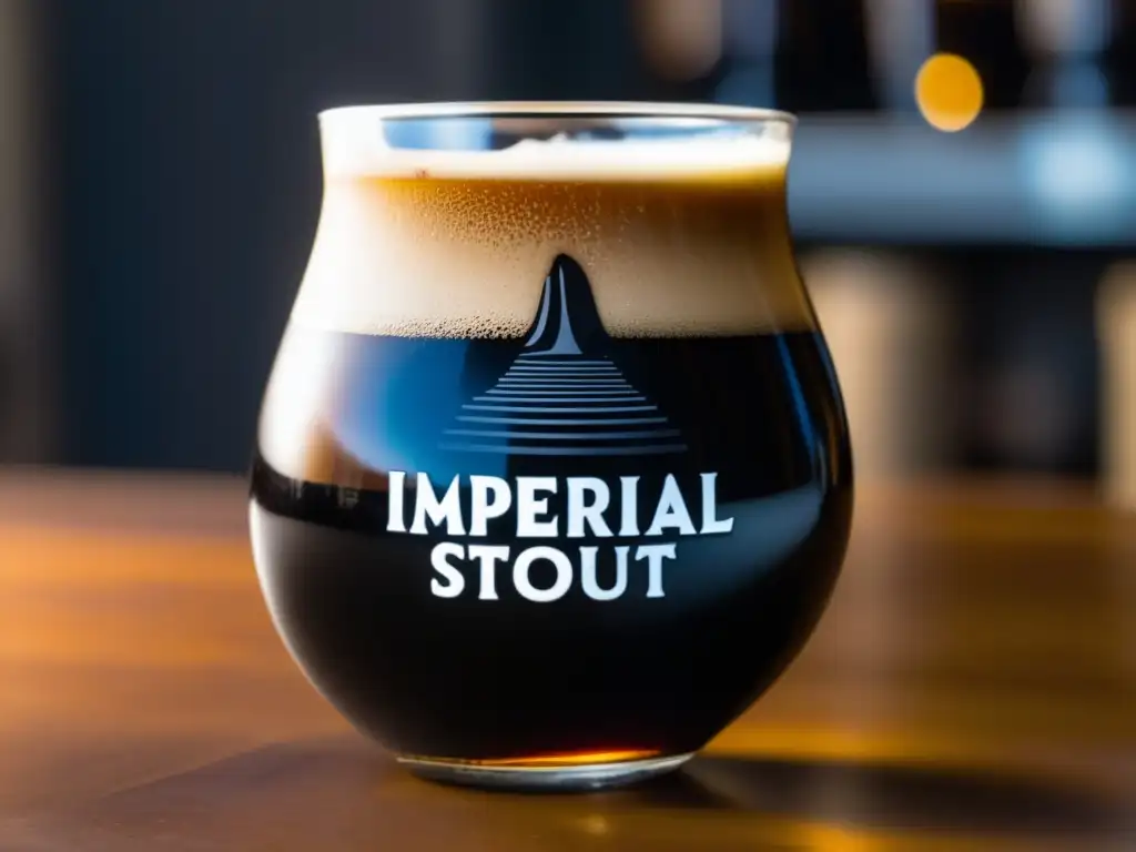 Cerveza Imperial Stout The Abyss de Deschutes Brewery - Vista cercana snifter lleno, color ébano, burbujas, cabeza cremosa, gotas de condensación