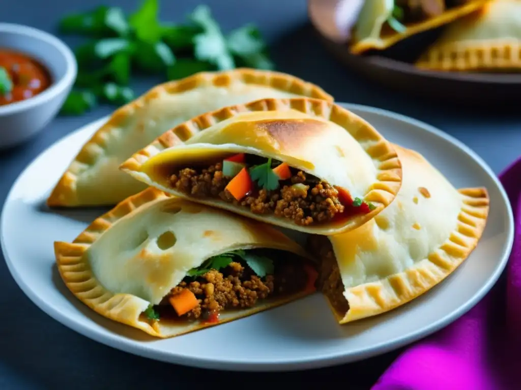 Deliciosas empanadas colombianas rellenas de carne, cebolla y especias, acompañadas de salsa de cilantro