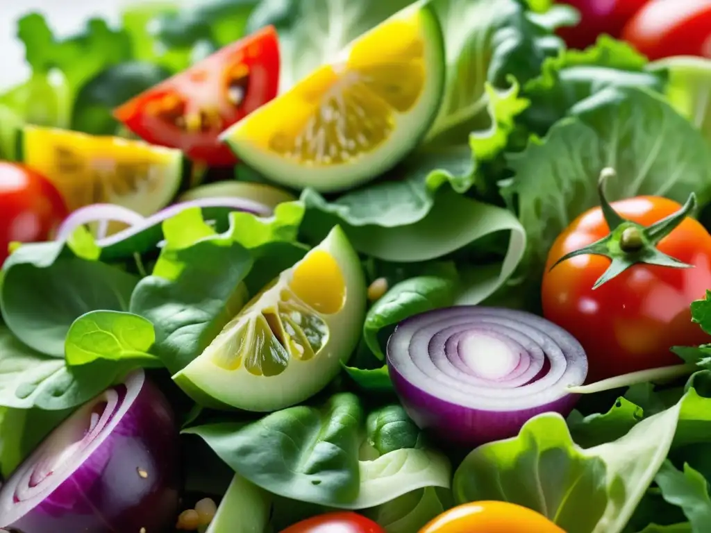 Ensalada de verano vibrante con ingredientes frescos y de temporada, resaltando los detalles de lechuga crujiente, tomates cherry jugosos, pimientos vibrantes, pepinos crujientes y cebollas rojas