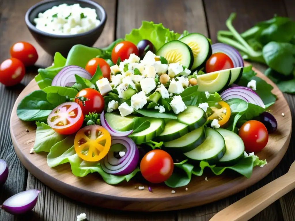 Ensalada de verano vibrante con ingredientes frescos y coloridos, destacando el queso feta y la vinagreta Kölsch