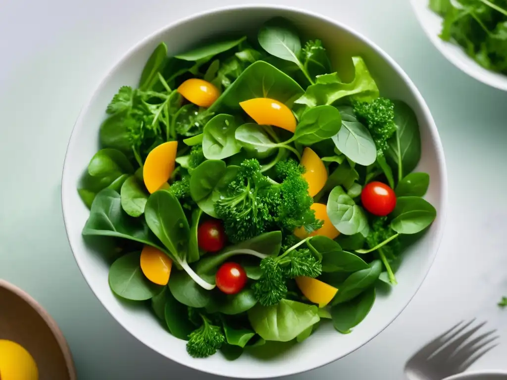 Ensalada verde vibrante con ingredientes frescos y coloridos en un tazón blanco cerámico