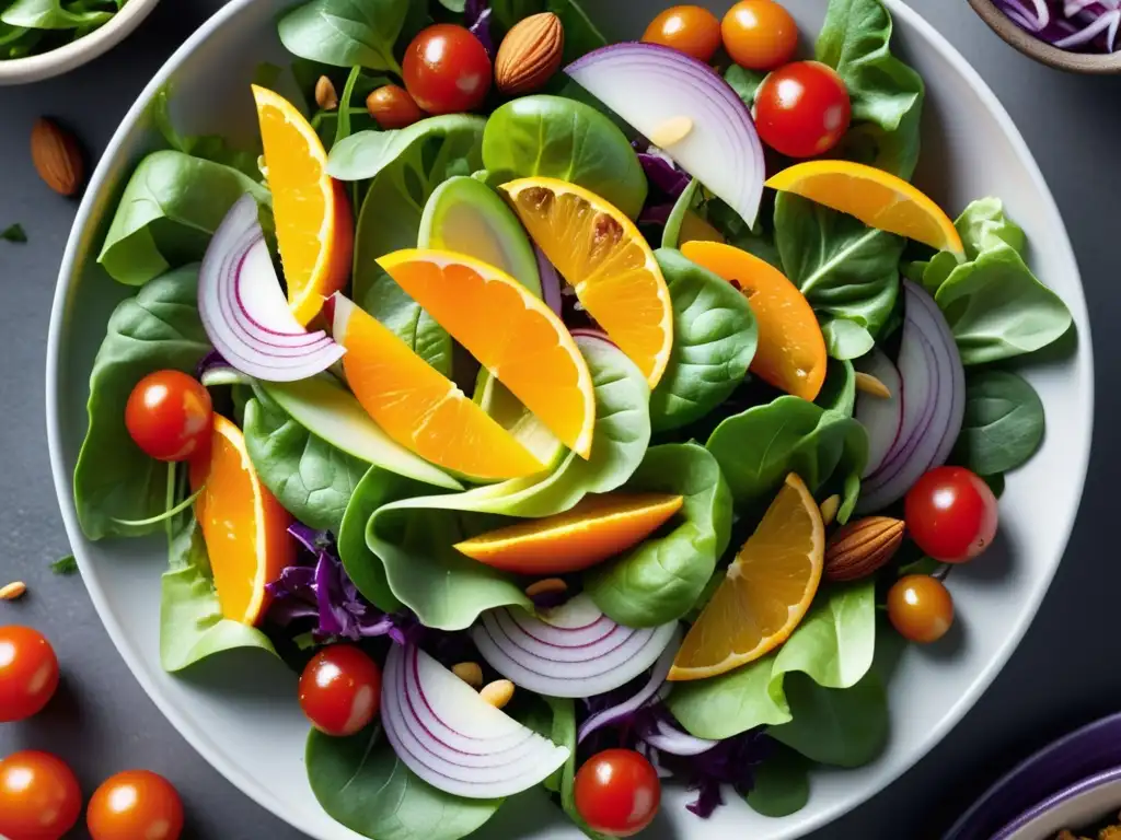 Una vibrante ensalada llena de ingredientes frescos: lechuga verde, tomates rojos, cebolla morada, almendras tostadas, zanahorias