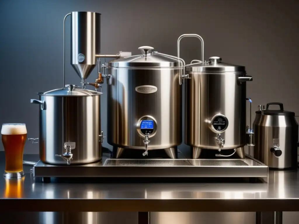 Equipo homebrewing básico: imagen de 8k con equipos de acero inoxidable, fermentador, aireador y hidrómetro