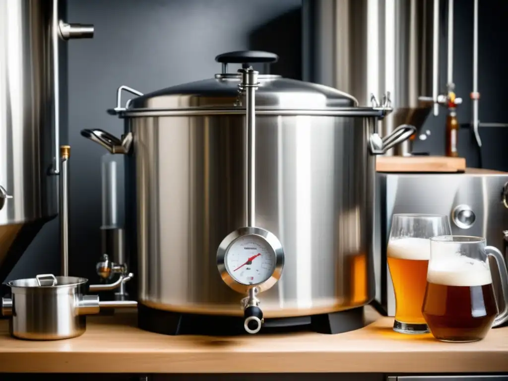 Equipo de elaboración de cerveza casera con olla de acero inoxidable, ingredientes y utensilios - libros homebrewing