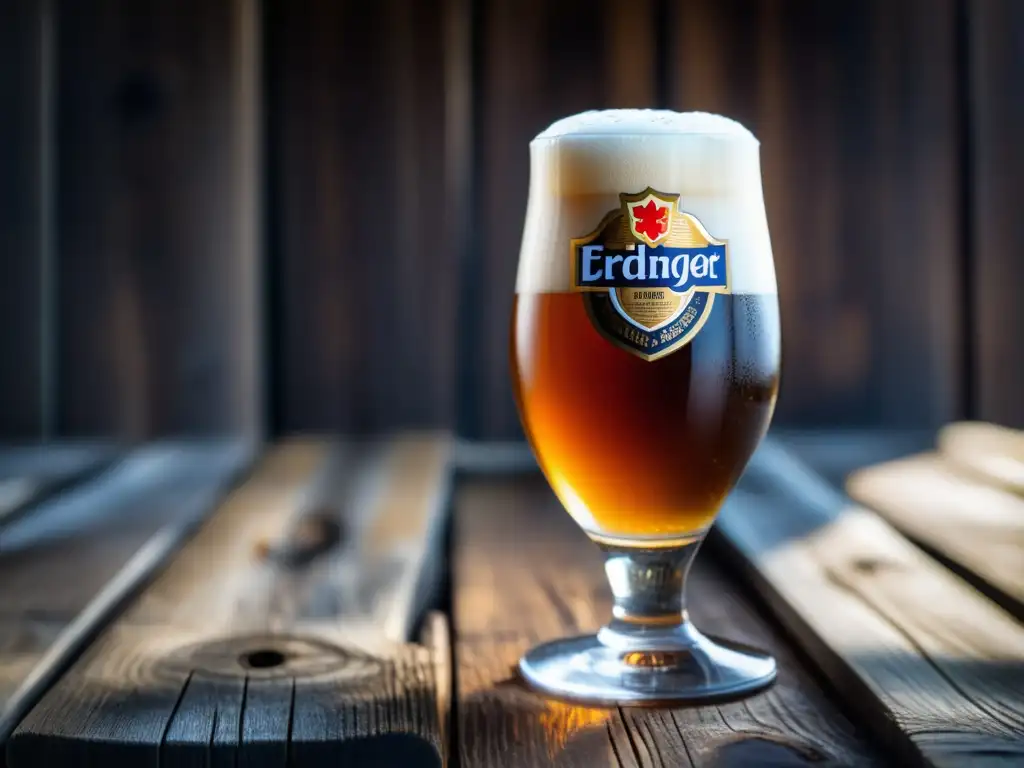 Cerveza Erdinger Weissbier Dunkel, color ámbar intenso y espuma abundante, servida en vaso de vidrio sobre mesa de madera