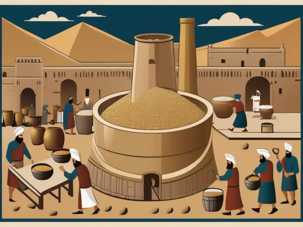 Escena de elaboración de cerveza en la antigua Mesopotamia: artesanos preparando granos y fermentando, con recipientes y ambiente histórico