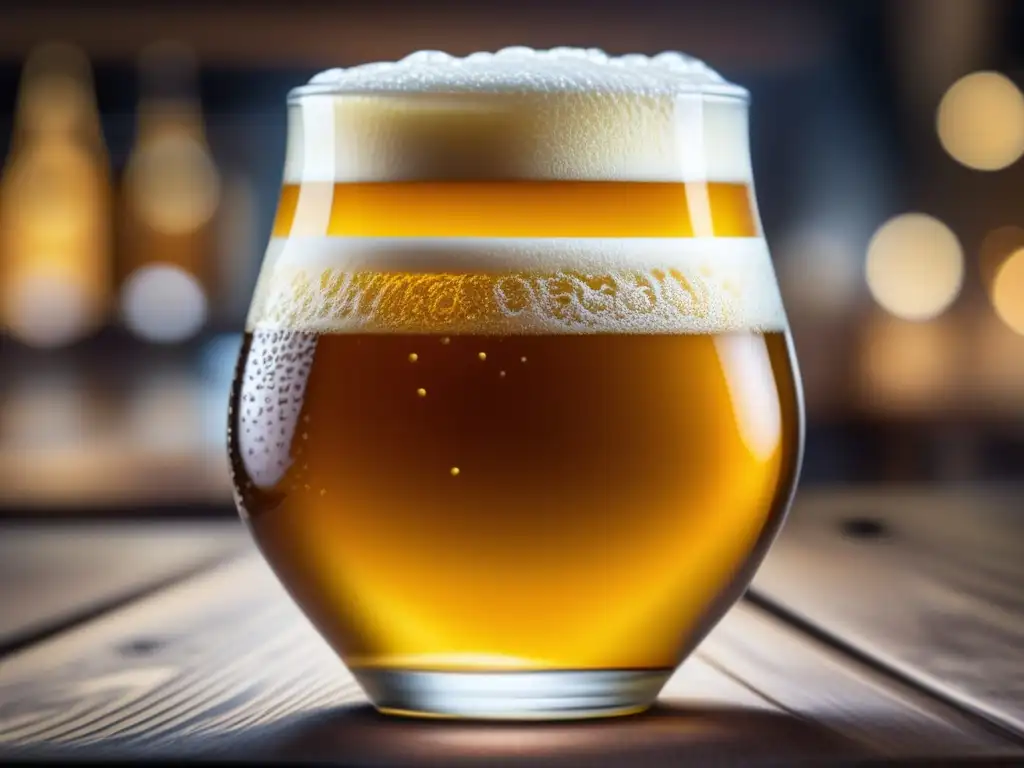 Cerveza belga: vaso dorado con espuma y burbujas, reflejando tradición y sofisticación