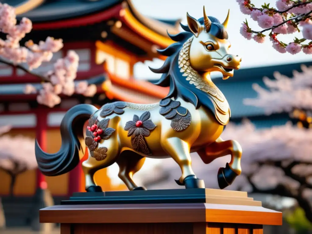 Estatua Kirin japonesa de madera tallada con detalle y delicados adornos de flores de cerezo