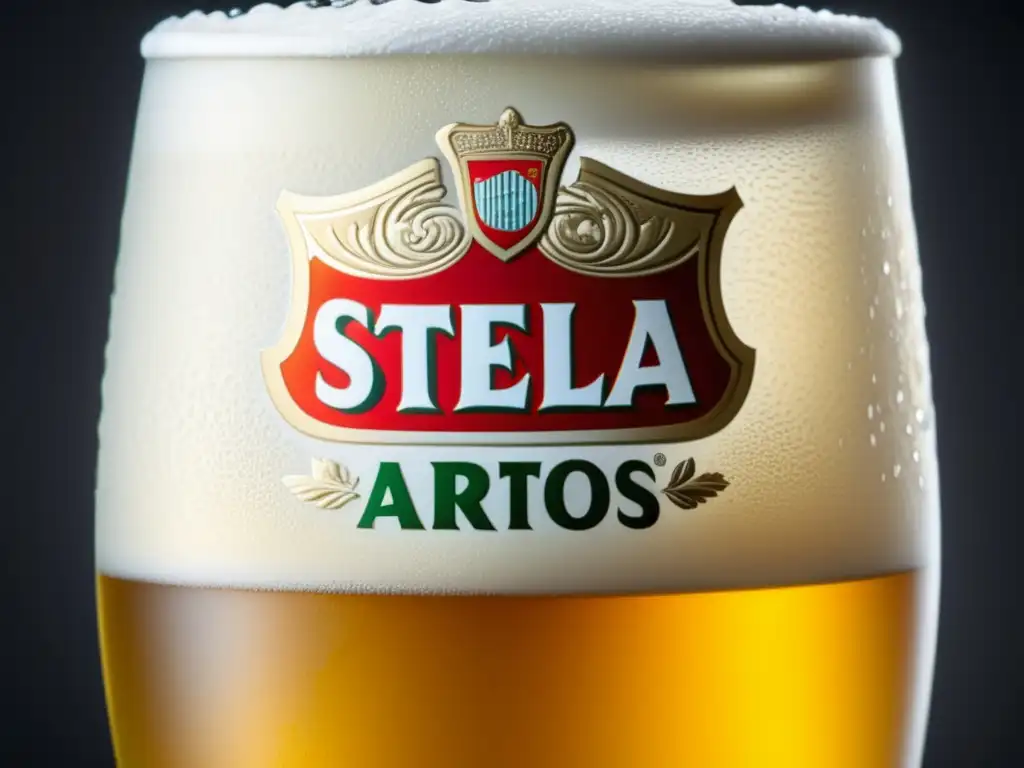 Cerveza Stella Artois Pale Lager, dorada y cristalina, con burbujas y espuma elegante