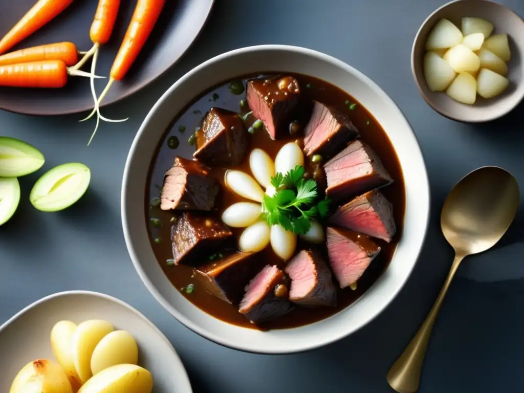 Estofado de ternera con cerveza trapense - Un plato ultradetallado con carne tierna, zanahorias, papas y cebollitas, en una salsa oscura y deliciosa