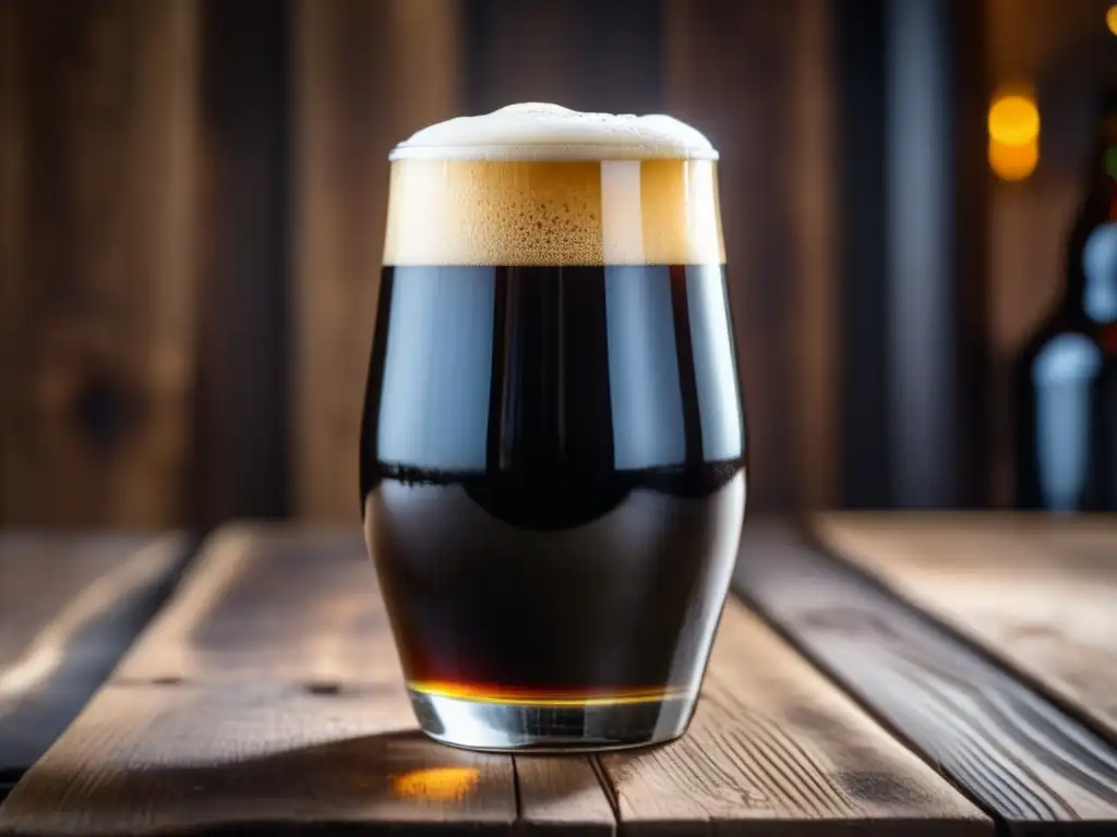 Una impactante imagen de una American Stout oscura y rica, con espuma cremosa, sobre una mesa de madera rústica, iluminada suavemente