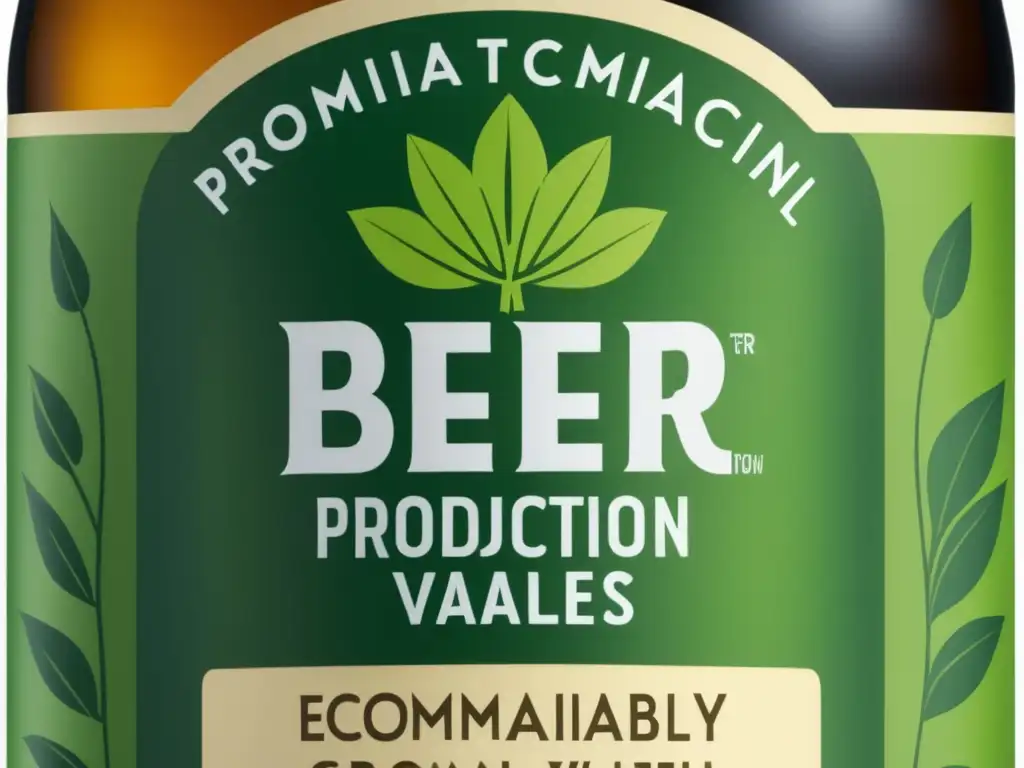 Etiqueta de botella de cerveza con símbolos ecológicos y texto destacando sostenibilidad