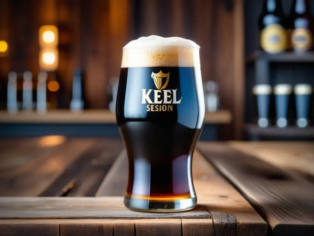 Cerveza Even Keel Session Stout en vaso, con detalle y elegancia