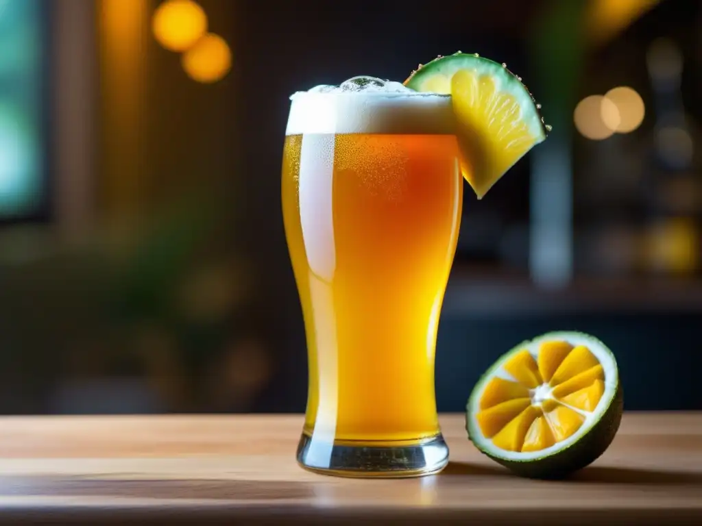 Cerveza de sabor exótico con frutas tropicales y burbujas elegantes en vaso, en barra iluminada